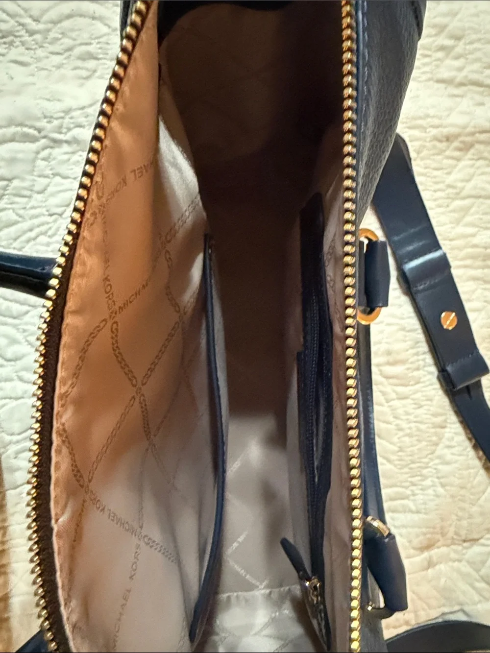 Michael Kors Navy Pebbled Leather Satchel with Gold Hardware W/ Shoulder Strap.